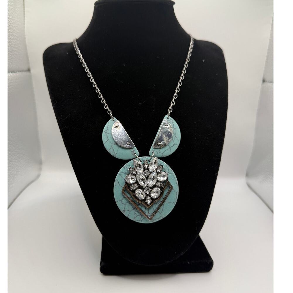 Turquoise Circle Geometric Statement Necklace Silver Chain